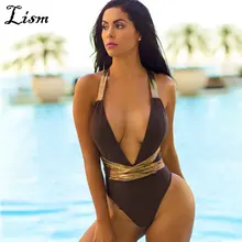 2019 Sexy Women Gold Sequin Deep V One Piece bikini Swimsuit Bodysuit Bandage Beachwear Swimwear female sheer one piece sequin bodice sheer v back plunging bodysuit