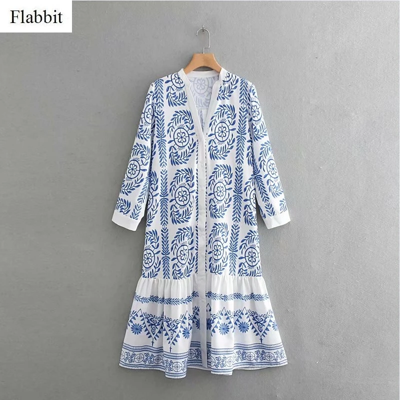 

Flabbit women vintage v neck position printing shirtdress elegant ladies hem pleated ruffles casual loose midi dresses DS300