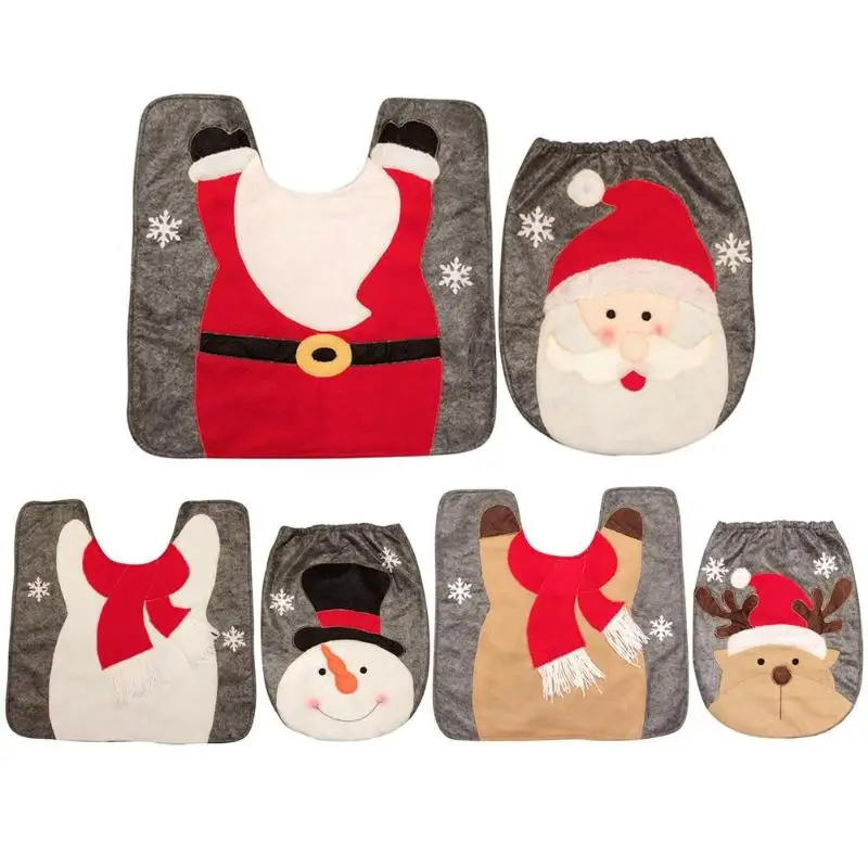 Toilet Foot Pad Seat Cover Cap Christmas Decorations Happy Santa Toilet Seat Cover and Rug Bathroom Accessory Santa Claus 1 Set