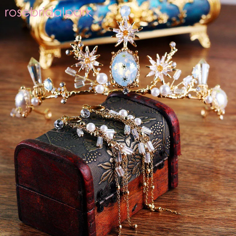 

rosebridalpark New Fashion Baroque Luxury Zircon Crystal Bridal Crown Gold Diadem Tiara for Women Bride Wedding Hair Accessories
