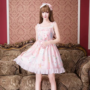 

Summer Japanese Original Lolita Dress Women Sleeveless Sweet Bow Rabbit Print High Waist Spaghetti Strap Princess Dresses T596