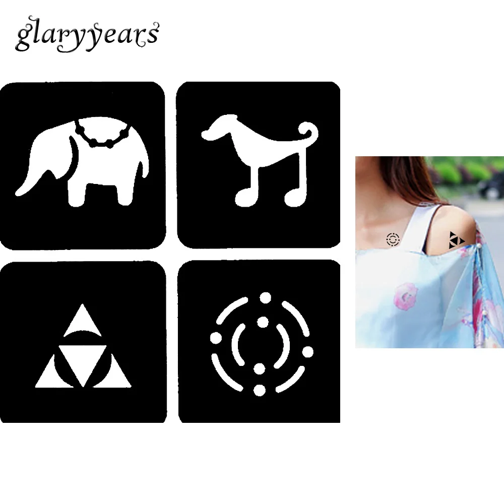 038 30 De Réduction1 Feuille Dessin Animé Petit Tatouage Pochoir Henné Pâte De Couleur Dessin Paillettes éléphant Chien Modèle Corps Art Outil