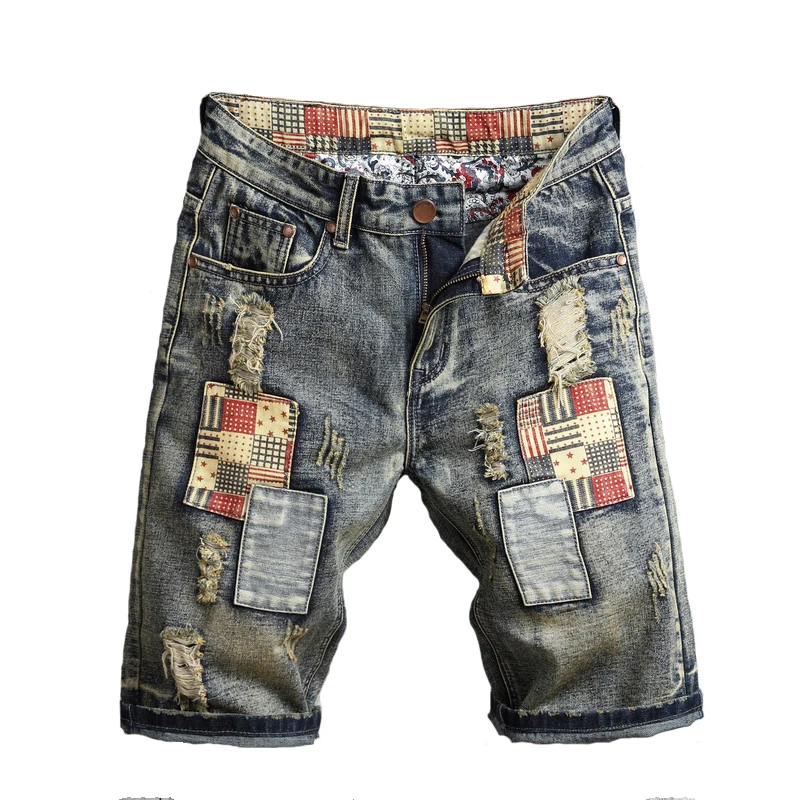 Summer Europeans Style Men Fashion Patchwork Beggar Slim Denim Short Vintage Ripped Hole Man Personal Causal Special Jeans Short