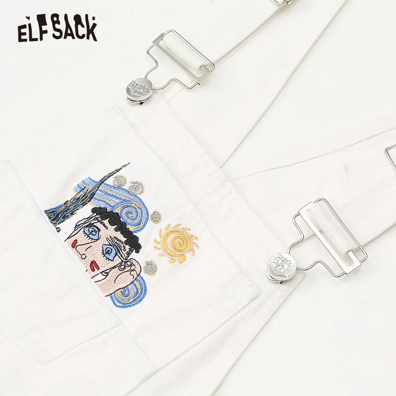 Женский джинсовый комбинезон ELFSACK белый повседневный на бретельках с вышивкой