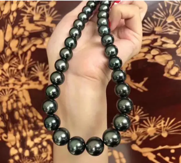 

AAA 11-12 mm natural Tahitian black green pearl necklace18 " 14 K gold