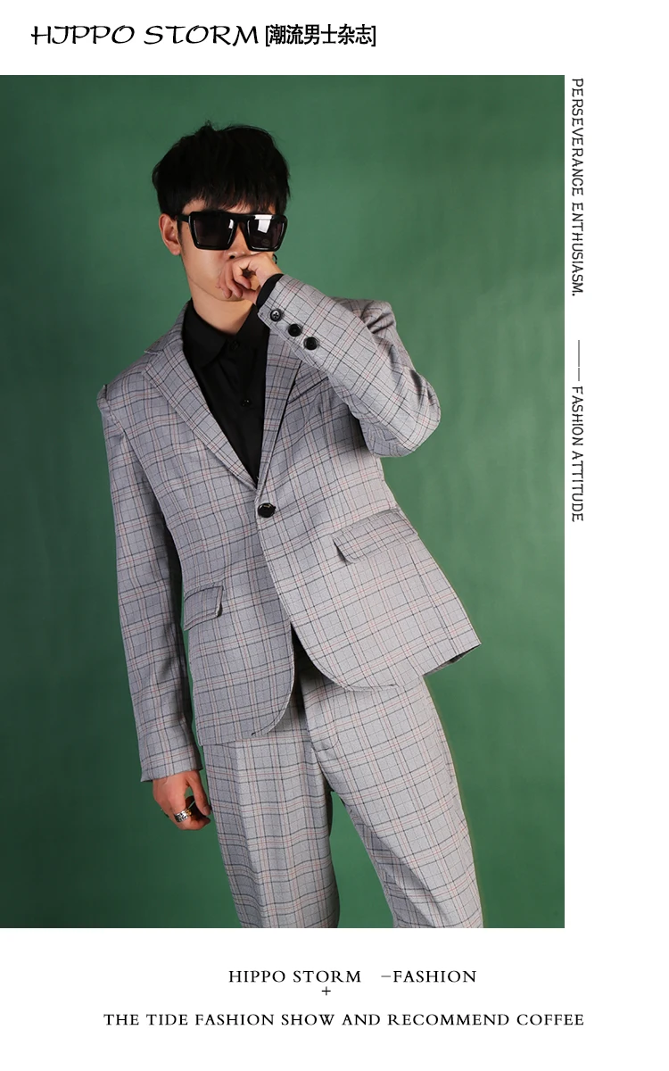 Для мужчин серые клетчатые костюмы из 2 предметов комплекты (куртка + штаны) Мужской Для бизнес на каждый день Slim Fit костюм Блейзер Куртка