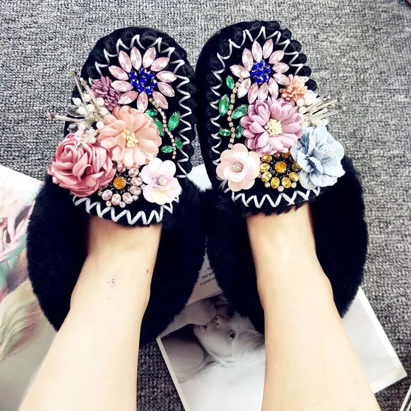 

Genuine leather kid suede black pink ankle boots shoes woman NI030 slip on full flowers sweet ladies girls winter warm boots