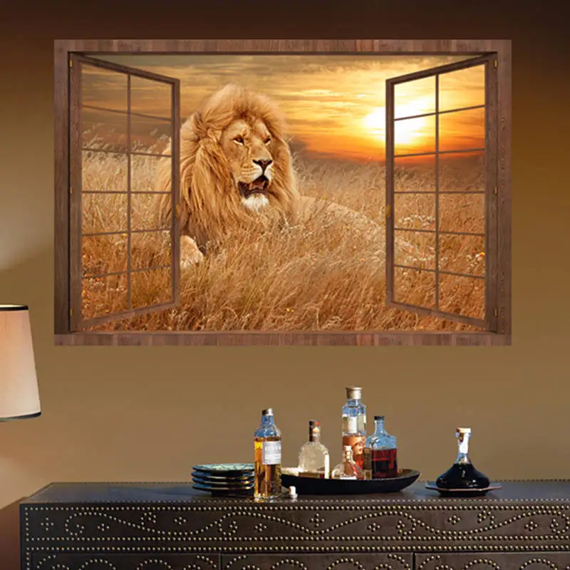 

1 PC 50*70 cm 3D PVC Wall Stickers Lion Animal Pattern Removable Fake Window Wallpapers Office Game Living Room Mural Art Decals