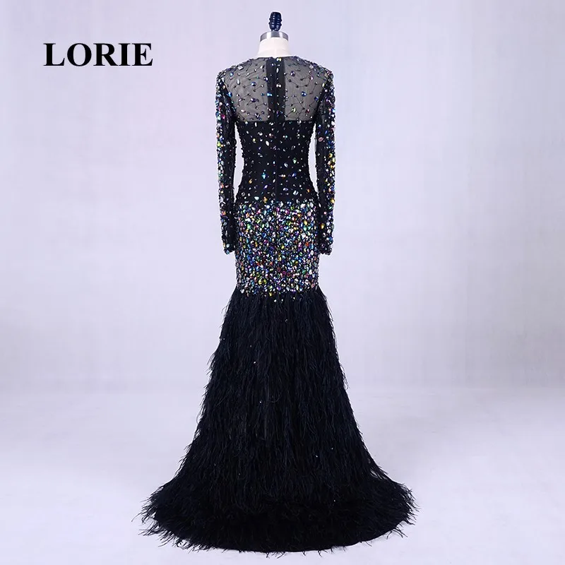 LORIE роскошное платье для выпускного вечера шикарное вышитое кристаллами вечернее платье-Русалка с длинным рукавом прозрачный черный бисером страуса перо Abendkleider