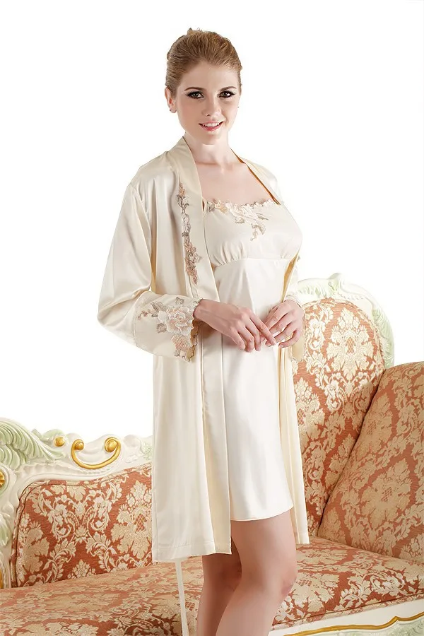 Beige Cream Embroidery Women's Satin Robe Sets