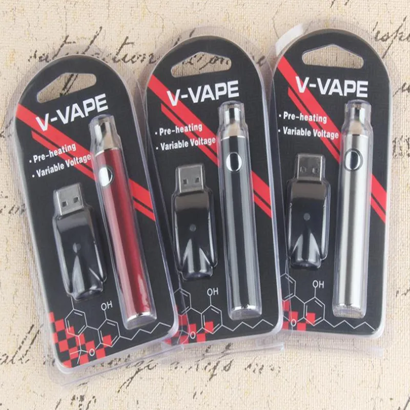 100 шт. V-VAPE подогреть VV Батарея blister Kit 650mAh свинцово кислотная батарея II и переменное Напряжение с USB Зарядное устройство для 510 воск густая масляная подогрева картридж