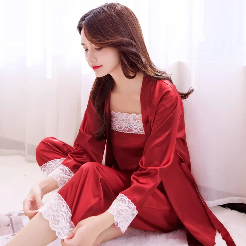 

Chinese Style Bride Wedding Pajamas Women's Pyjamas Set Satin 3PCS Sleepwear Lace Intimate Lingerie Sexy Kimono Bathrobe Gown