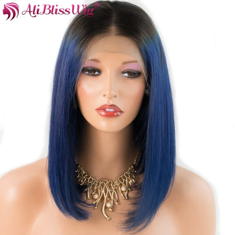 Синий Омбре 4 дюйма кружева передние парики Красочные Короткие Боб человеческих волос парики для женщин бразильские Remy полный конец AliBlissWig - Цвет: Синий