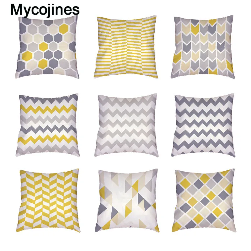 

Yellow Geometric Pattern Series White Cushion Cover Lines Arrows Rhombus Waves Polyester Peach Skin Print Home Decor Pillow Case
