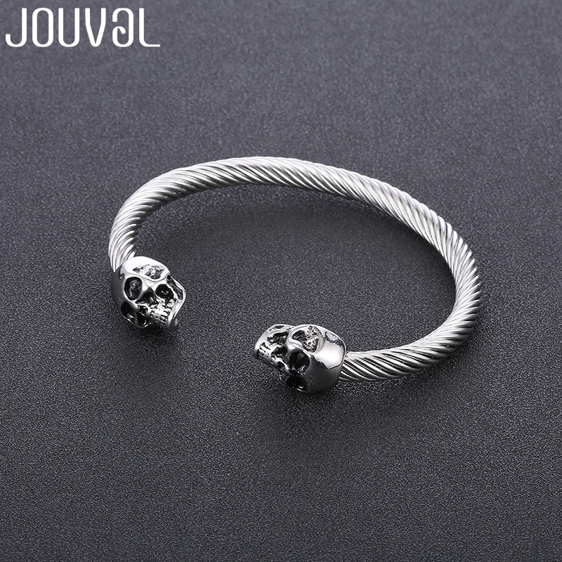 

JOUVAL Neo Gothic Bangles for Women Titanium Steel Double Skeleton Skull Silver&Black Open Adjustable Bracelets&Bangles Jewelry