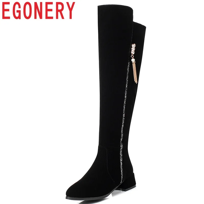 

EGONERY new fashion metal decoration pointed toe black med hoof heels zip flock women knee high boots winter large size shoes