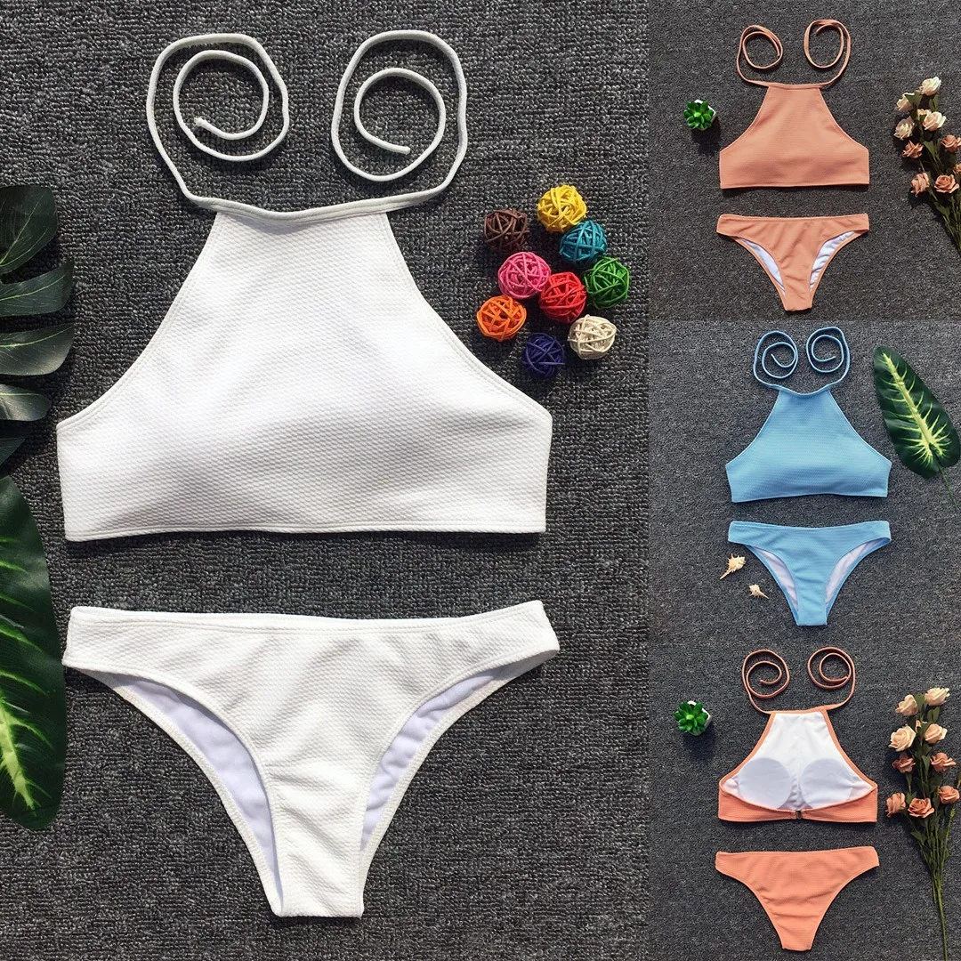 

SAGACE 3 Colors High Neck Swimming Sets Brazilian Two Pieces Suit bikini Swimsuits Solid Bikini White Blue Orange Bikini Set