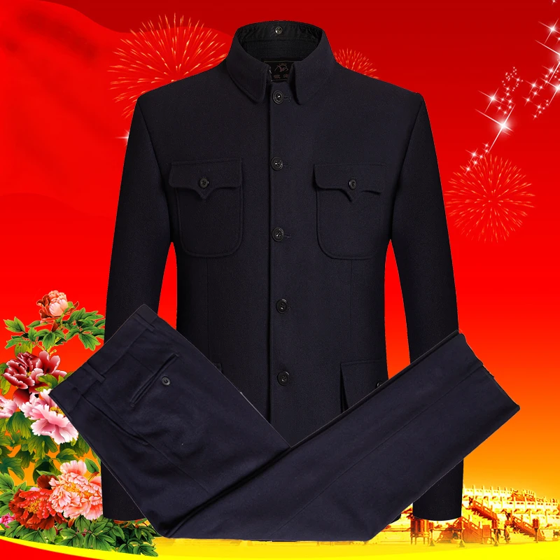 Мужской твидовый костюм Мао комплект черный Zhonshan пальто комплект из двух предметов брюки Мужской китайский туника костюм, комбинезон