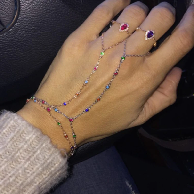Модный бренд, ювелирные изделия, ожерелье с разноцветной круглой формы CZ браслет «Радуга» очаровательные аккуратные женские модные в форме цепи, для пальца браслет