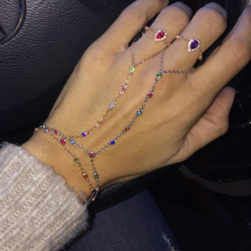 

2019 New fashion brand jewelry multicolor round shape CZ rainbow bracelet charm women delicate trendy Chain Link finger Bracelet