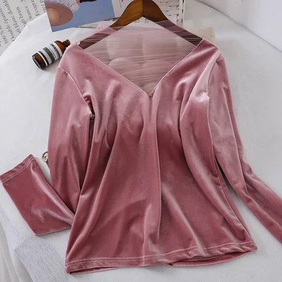 Винтажные осенние женские бархатные блузки, женские весенние Блузы с длинным рукавом и v-образным вырезом, женские сетчатые рубашки, базовые Топы, пуловеры WZ617 - Цвет: Розовый