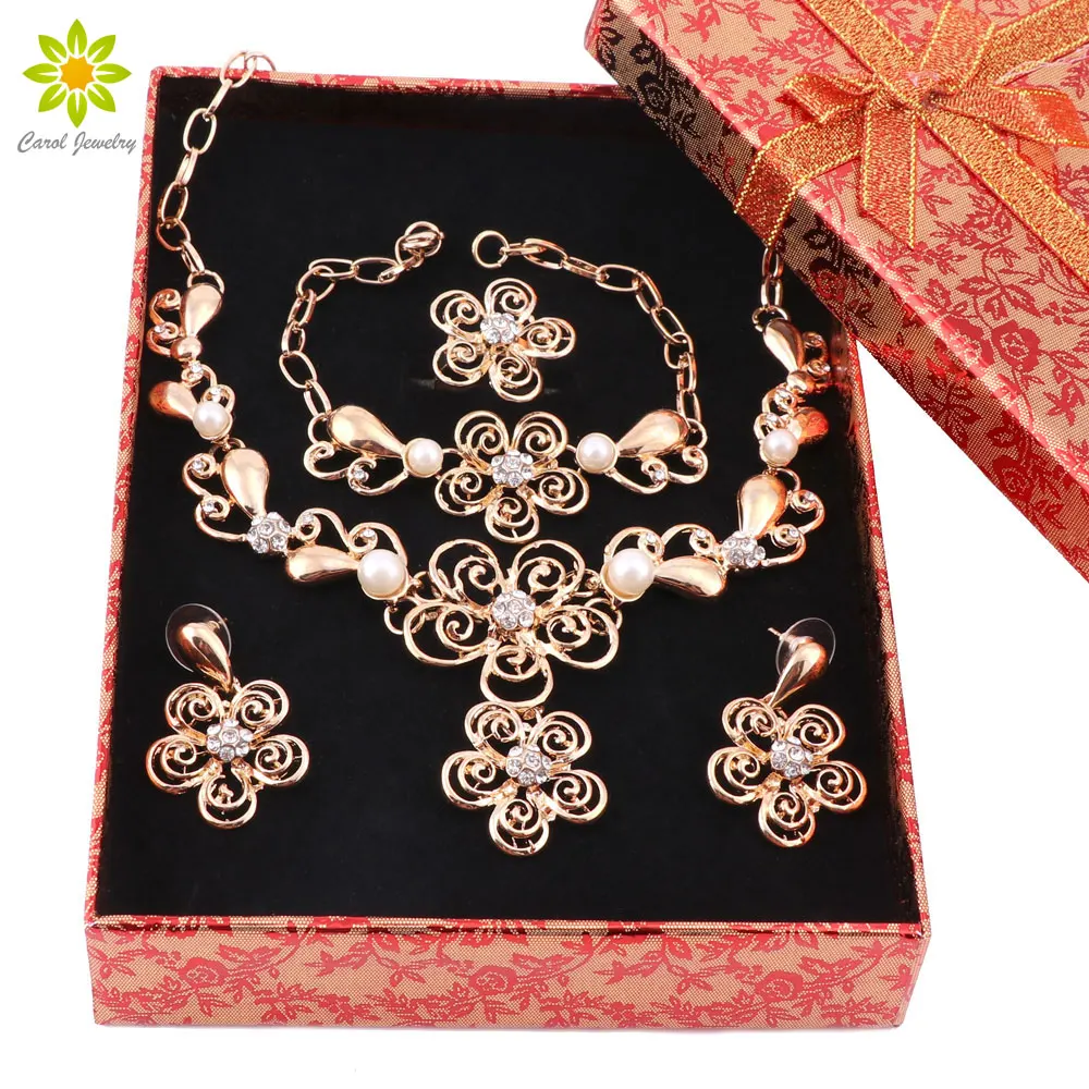 

Simulated Pearl Jewelry Sets Necklace Earrings Bracelet Fine Ring For Women Gold Color Party Accessories+Gift Boxes