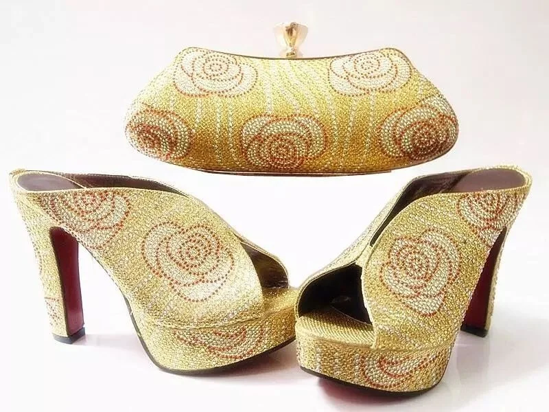 ФОТО Shoe and Bag Gold Color High Quality Matching Italian Shoe and Bag Set Decorated with Rhinestone African Women  CH205-4