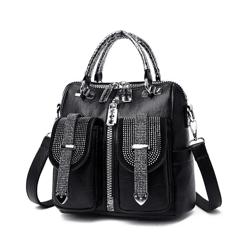 Женский многофункциональный черный роскошный рюкзак с кристаллами, женский кожаный рюкзак на молнии в стиле панк, женский модный рюкзак, трендовый рюкзак