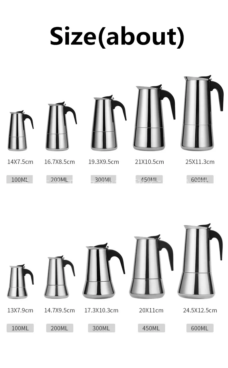 European Style Espresso Maker Moka Coffee Pot Stainless Steel304 Latte Percolator With 12Cups/600 Milliliter Cappuccino Cafe Pot