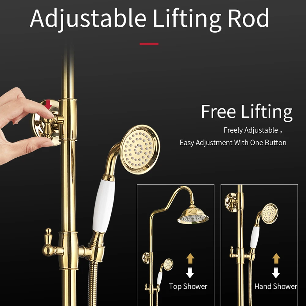 Bath Shower Sets Luxury Gold Brass Shower Faucet Set Single Handle Single Holder Dual Control Bathtub Mixer Hand Shower GY-8336