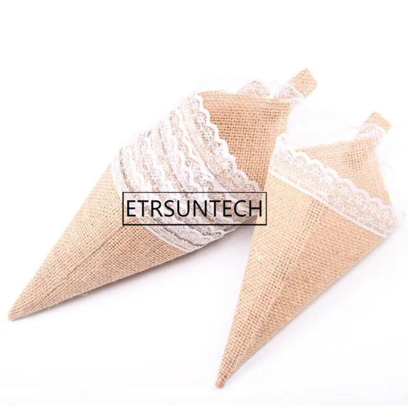 

100pcs Burlap Jute Pew Cone Flower Holder Christmas Rustic Wedding Centerpieces Vintage Wedding Decoration