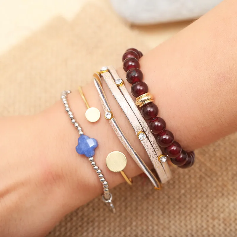 

Free Shipping Bohemian Clover Colored Stone Charm Beads Bracelets Stainless Steel bracelets & bangles For Women Gifts