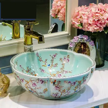 

flower and bird blue Bathroom Cloakroom Ceramic Sinks Counter Top Wash Basin Bathroom Sink porcelain wash basin