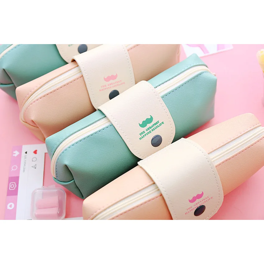 

1Pcs/lot Small Fresh Moustache PU Pencil Case School Supplies Stationery Gift School Button Pencil Box Pencil Bag