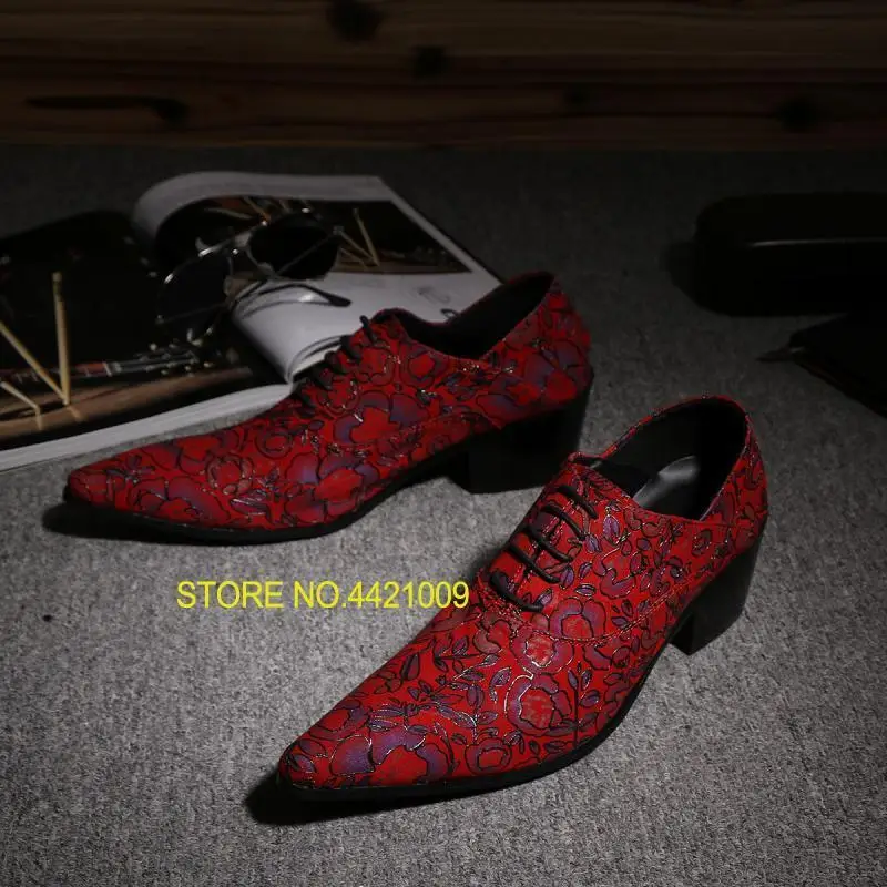 

Brand Pointed Toe Lace Up Men Luxury Genuine Leather Red Wedding Shoes Men's High Heels Party Dress Shoes Print Flowers Fashion