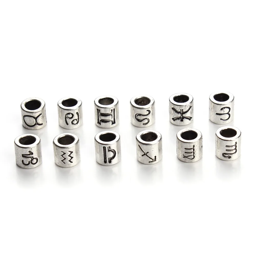 

60pcs/lot Mixed Antique Silver Color Zodiac Round Charm Beads 4mm Big Hole Spacer Beads Fit DIY Jewelry Making Findings F3061