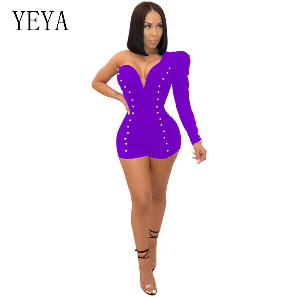 YEYA One Shoulder Sexy Playsuit Long Sleeve Deep V Neck Beaded Elegant Jumpsuit Romper Club Party Overalls Skinny Women Playsuit