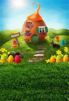 

Fairy Tale House Backdrops Spring Grassland Happy Easter Day Colorful Eggs Grey Rabbits Kids Baby Newborn Photography Background