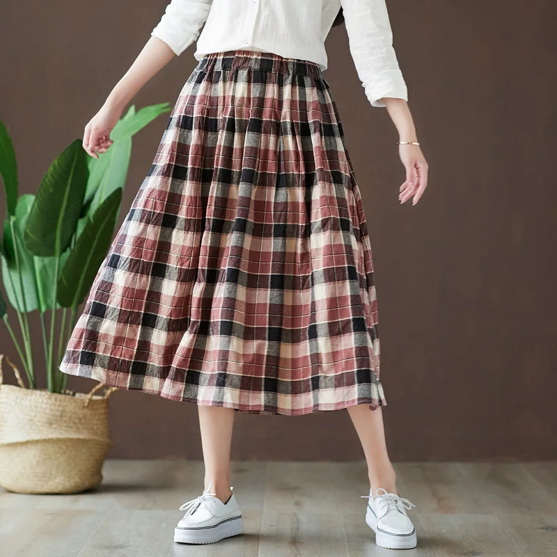 KYQIAO jupe femme women autumn spring Japanese style brief elegant long elastic waist plaid skirt faldas mujer moda