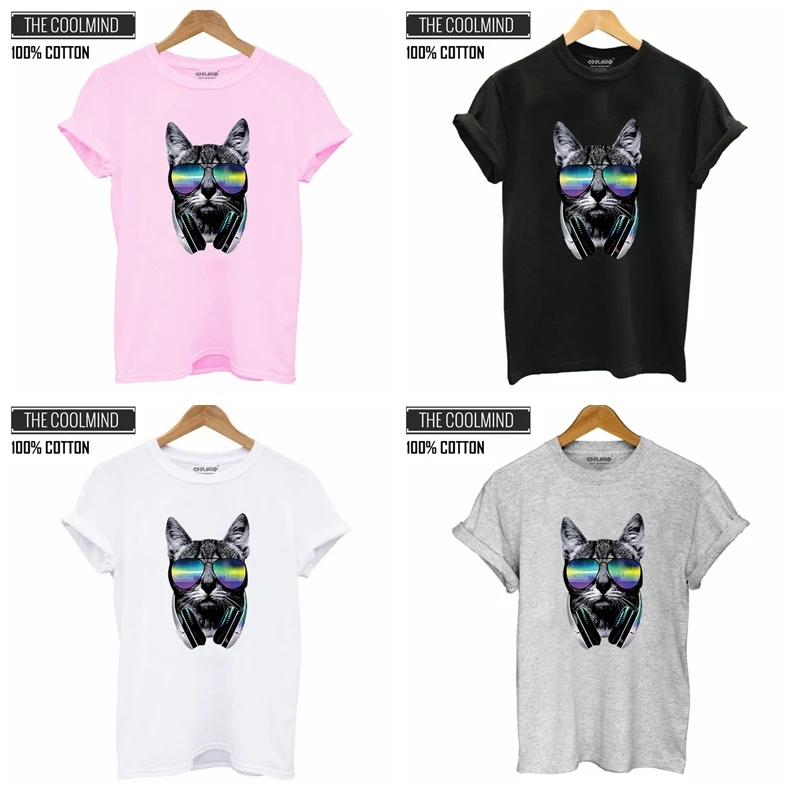 COOLMIND QI0313B 100% القطن بارد الموسيقى DJ القط طباعة إمرأة T قميص الصيف عارضة المرأة التي شيرت فضفاض قمم تي شيرت المحملة قمصان COOLMIND QI0313B 100% القطن بارد الموسيقى DJ القط طباعة إمرأة T قميص الصيف عارضة المرأة التي شيرت فضفاض قمم تي شيرت المحملة قمصان