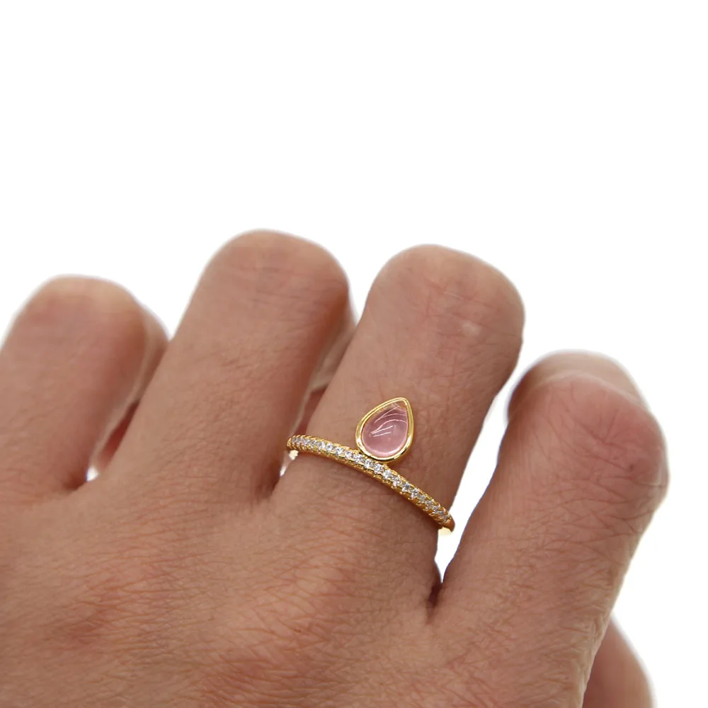 

PINK tear drop stone Gold color with clear white cz female simple rings jewelry fashion jewelry wholesale