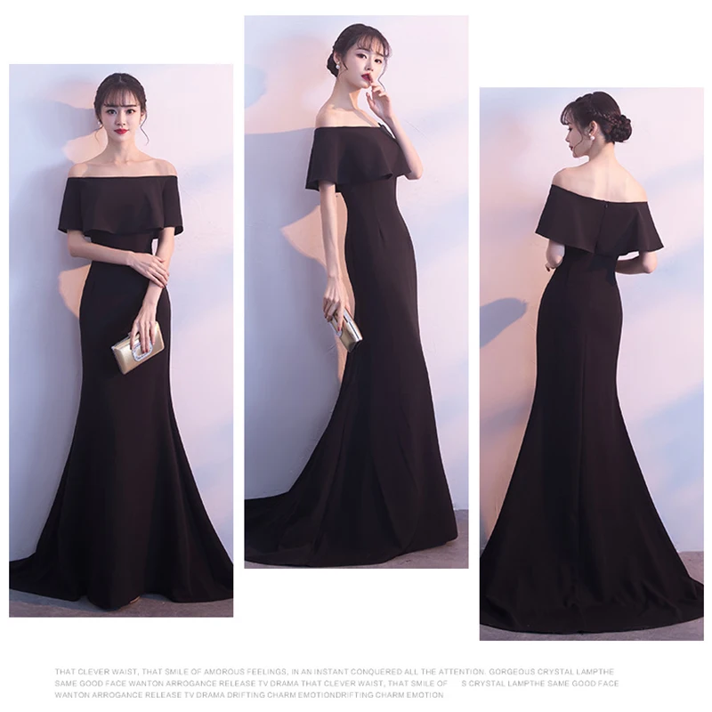 DongCMY Формальное длинное черное вечернее платье с открытой спиной и вырезом лодочкой, вечерние женские платья с коротким шлейфом