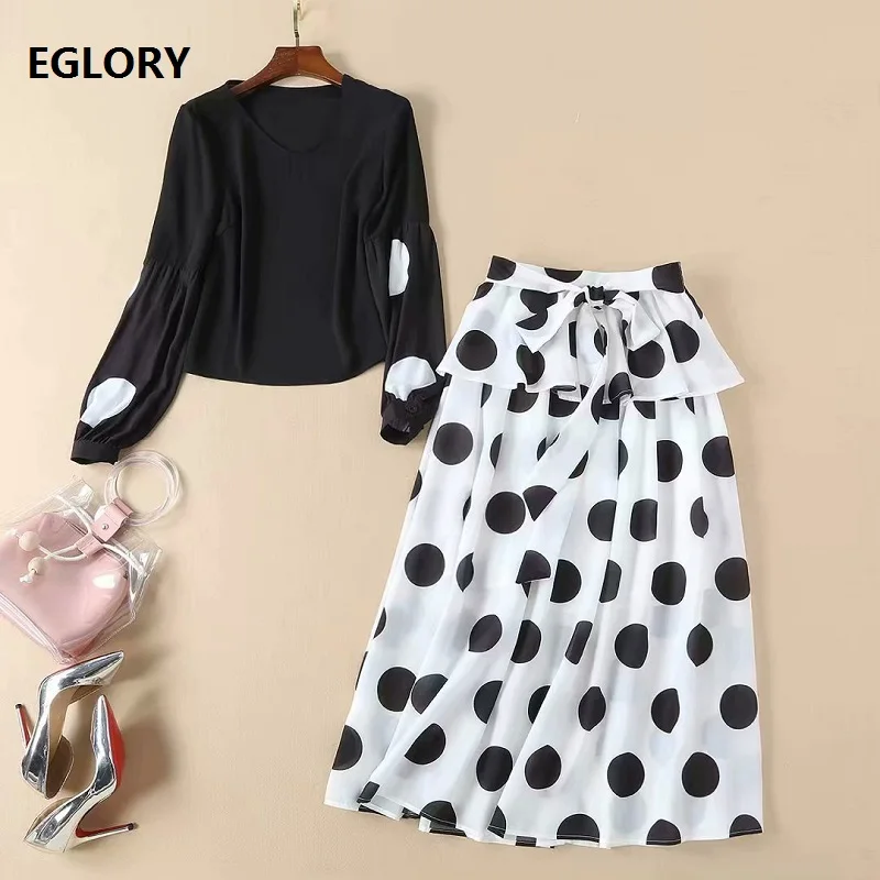 

Runway Fashion 2019 Spring Summer Style Clothing Sets Women V-Neck Polka Dot Print Tops Blouse+High Waist Midi Maxi Skirt Suit
