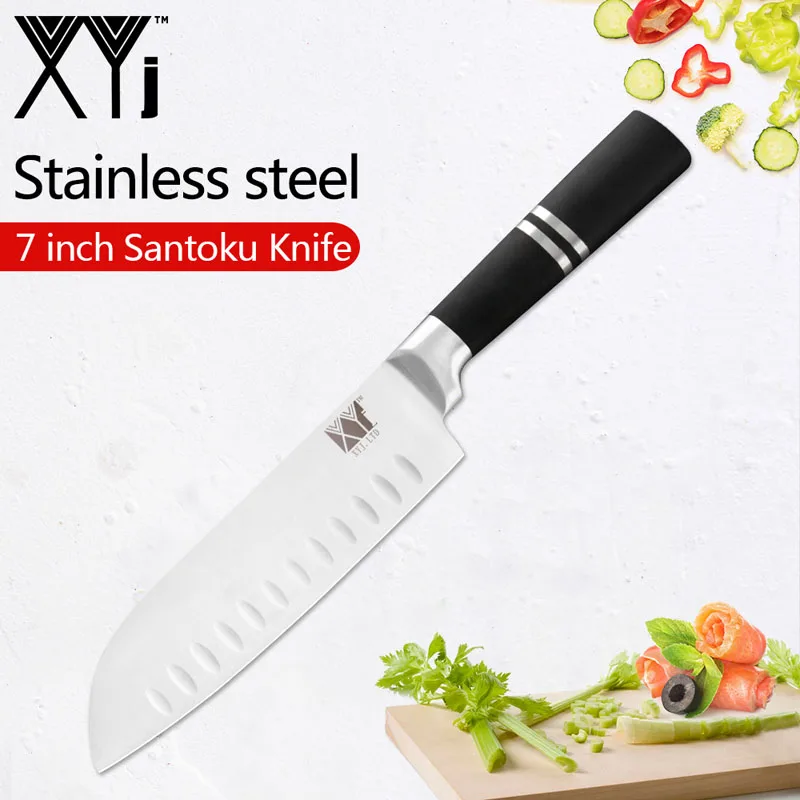 XYj абсолютно, набор кухонных ножей из нержавеющей стали, хорошее качество, ножи с 8 дюймовым ножом, подставка для ножей, точилка для ножей, кухонный набор для приготовления пищи - Цвет: 7inch Santoku Knife