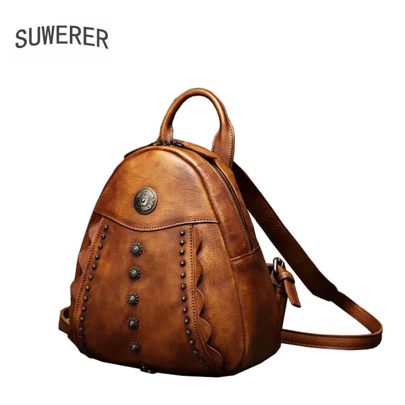 

SUWERER high quality fashion luxury brand 2019 new retro bag female handmade leather bag original rivet small backpack