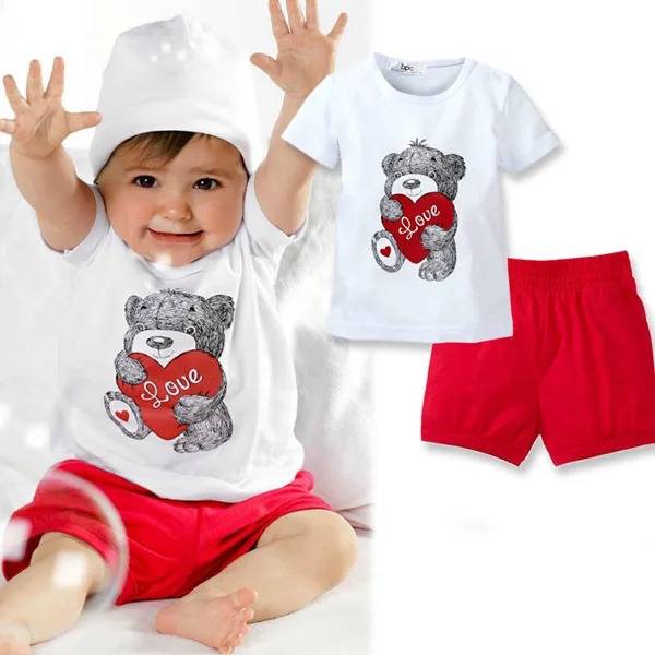 

2pcs Baby Girl Kids T-shirt Short Sleeve Top+Pants Heart Bear Outfits Clothing Clothes Set ZC2