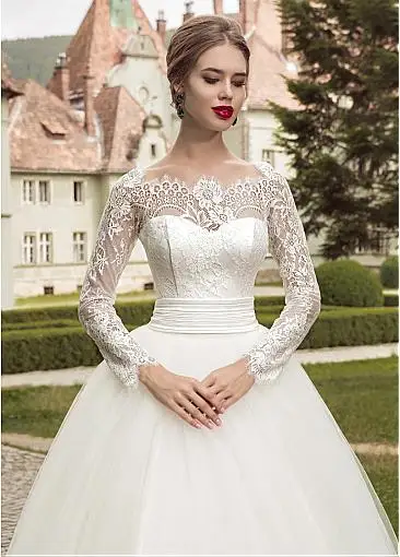 

Charming Tulle Scoop Ball Gown Wedding Dresses See Through Lace Long Sleeve Bridal Gowns Robe De Mariage 2019