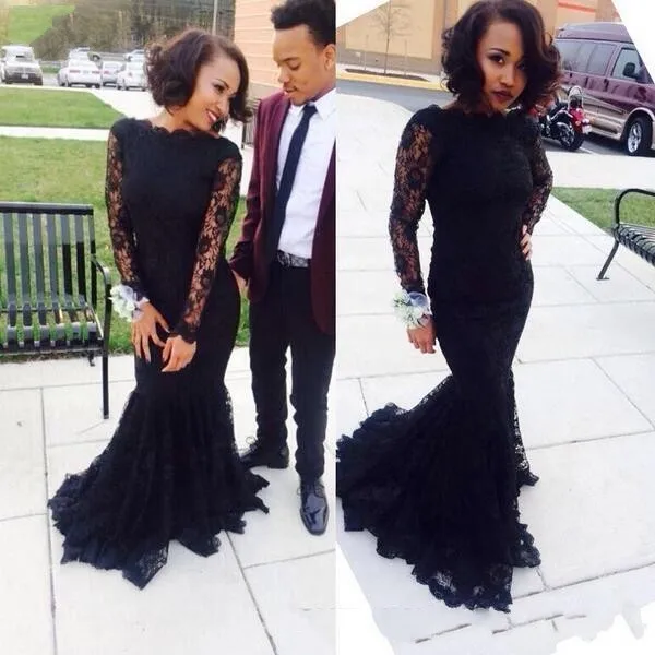 Black Sexy Mermaid Lace Prom Dresses Long Sleeves Boat Neck Floor Length Formal Evening Dress 2016 Pageant Party Gowns | Свадьбы и