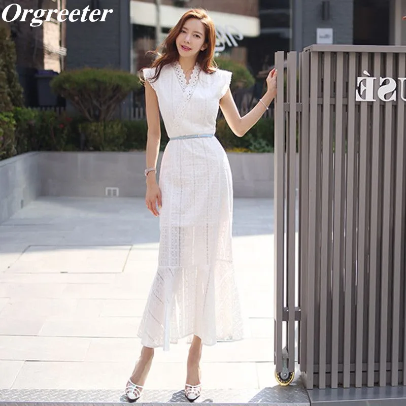 

2019 Summer Elegant White Bodycon Mermaid Long Lace Dress Women Office Wear Dresses Hollow Cotton OL Casual Lace Dress