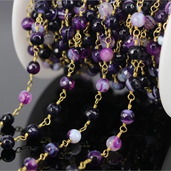 

DIY 5Meter Purple Jade chalcedony Faceted Bead Chain,plated Wire Wrapped Rosary style Chain Necklace bracelet Wholesale